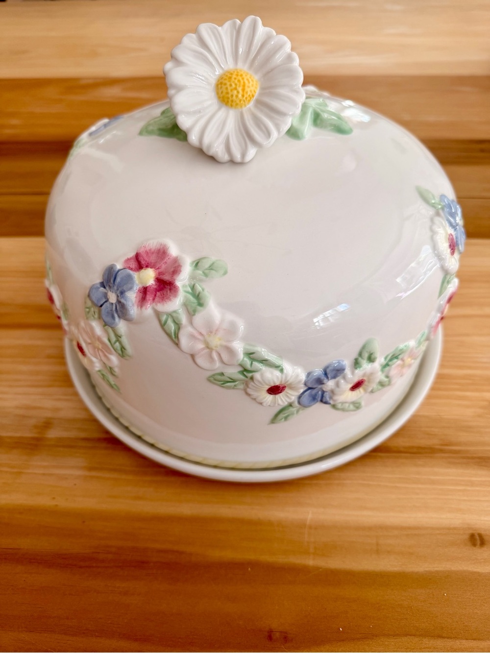 Vintage Floral Ceramic Cake Dome with Daisy Knob - White
